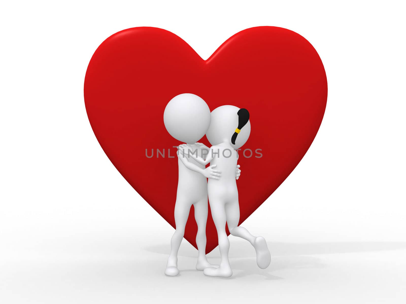 Beautiful 3d love couple embracing against a big red heart on wh by dacasdo