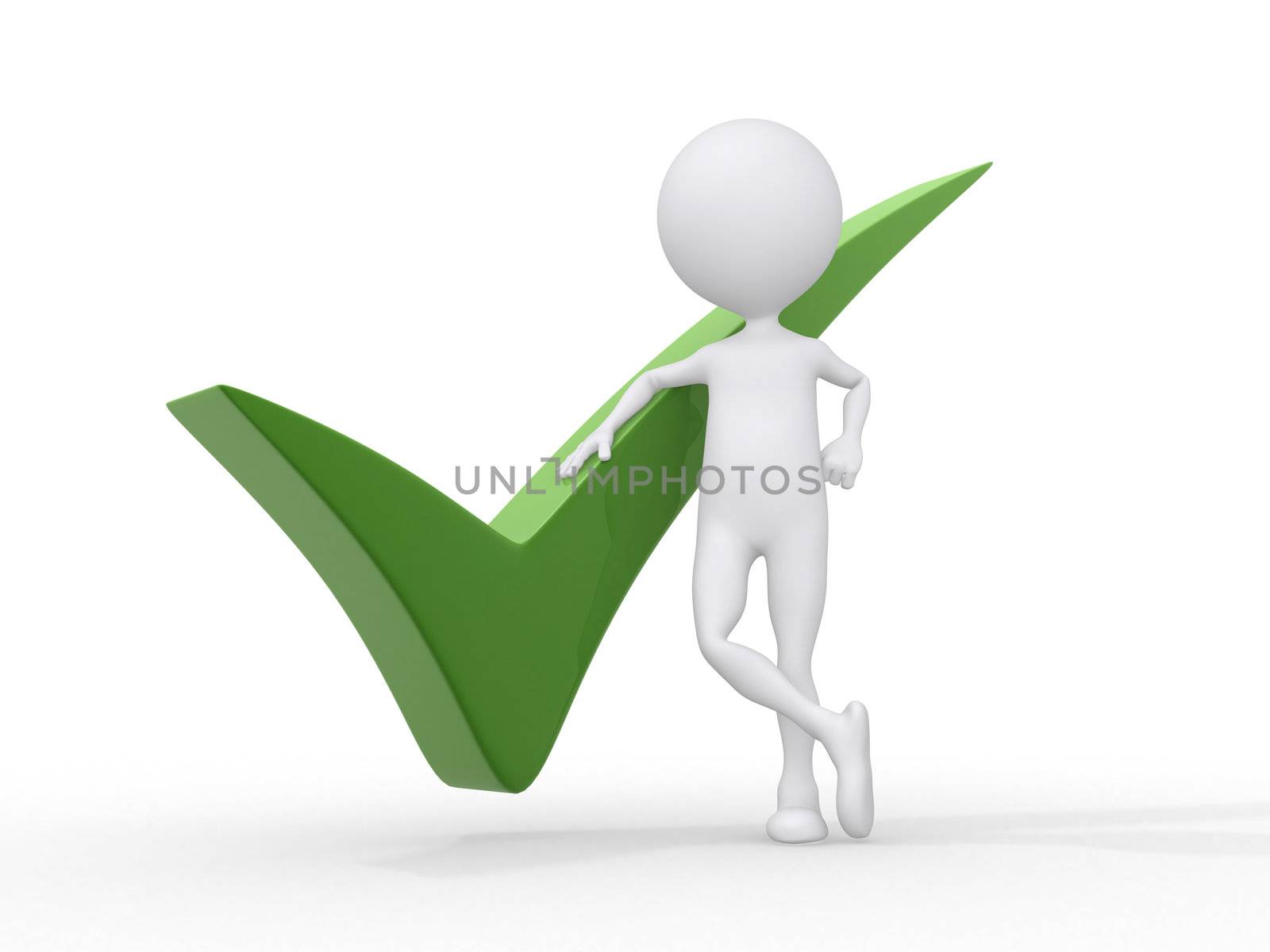 3D person getting it right with a green check mark - isolated over a white background