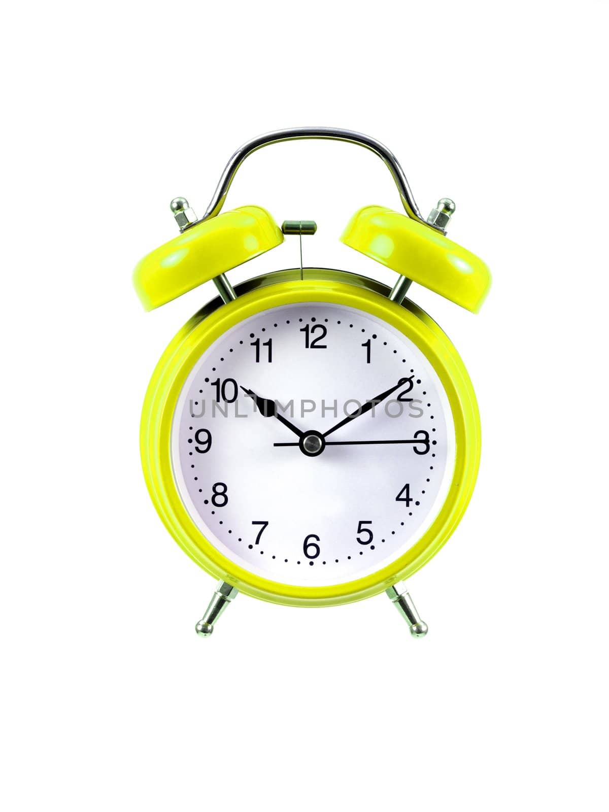 An alarm clock isolated ahgainsdt a white background