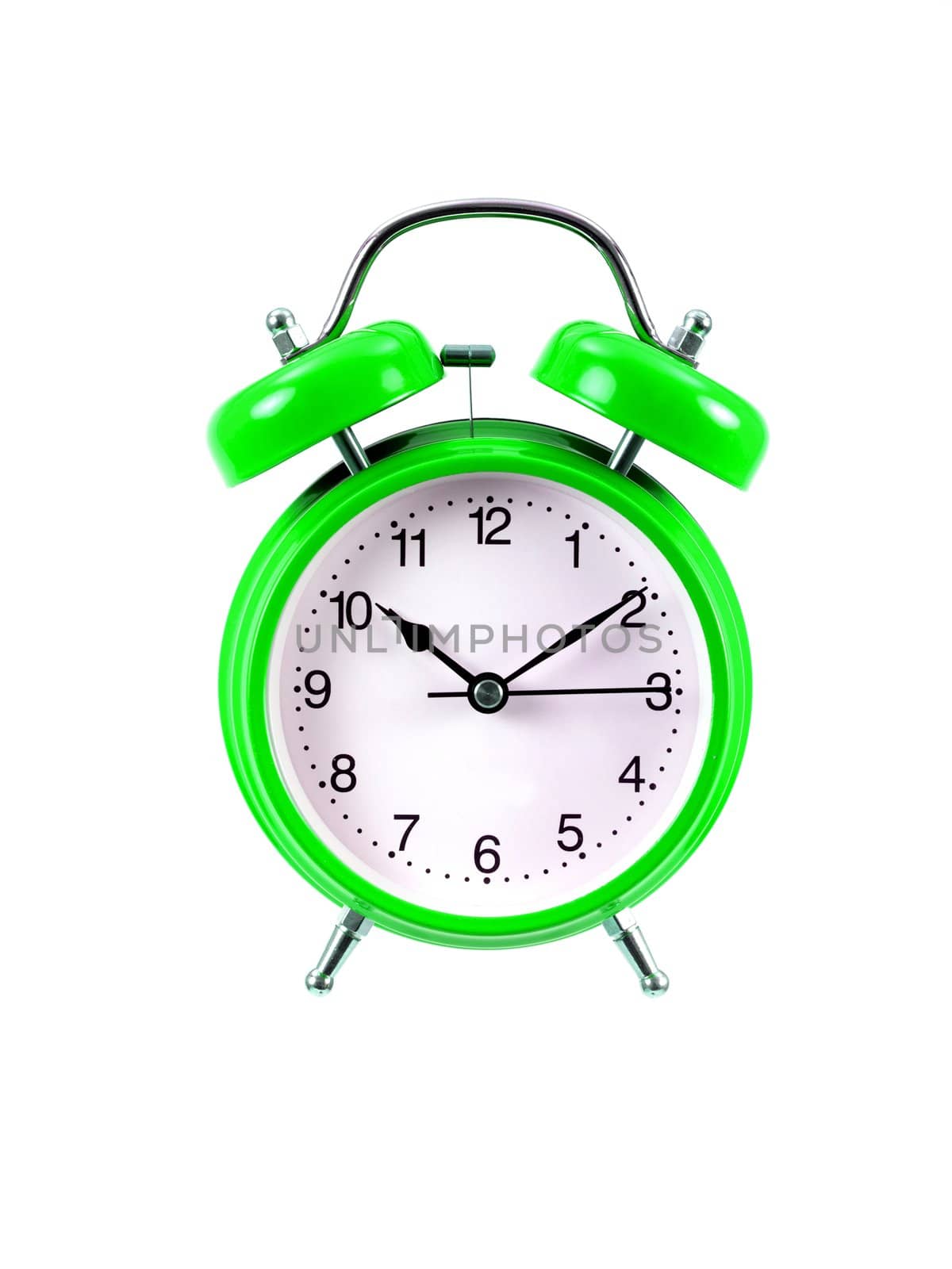 An alarm clock isolated ahgainsdt a white background