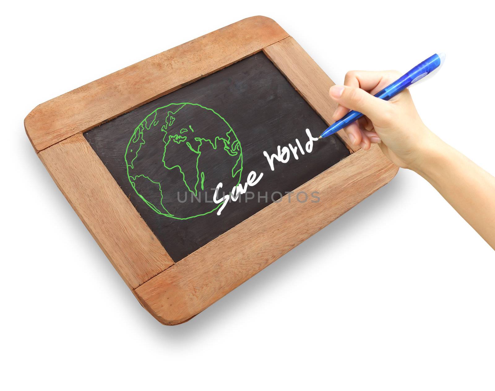 A drawing of the Earth surrounded   on a chalkboard by rufous