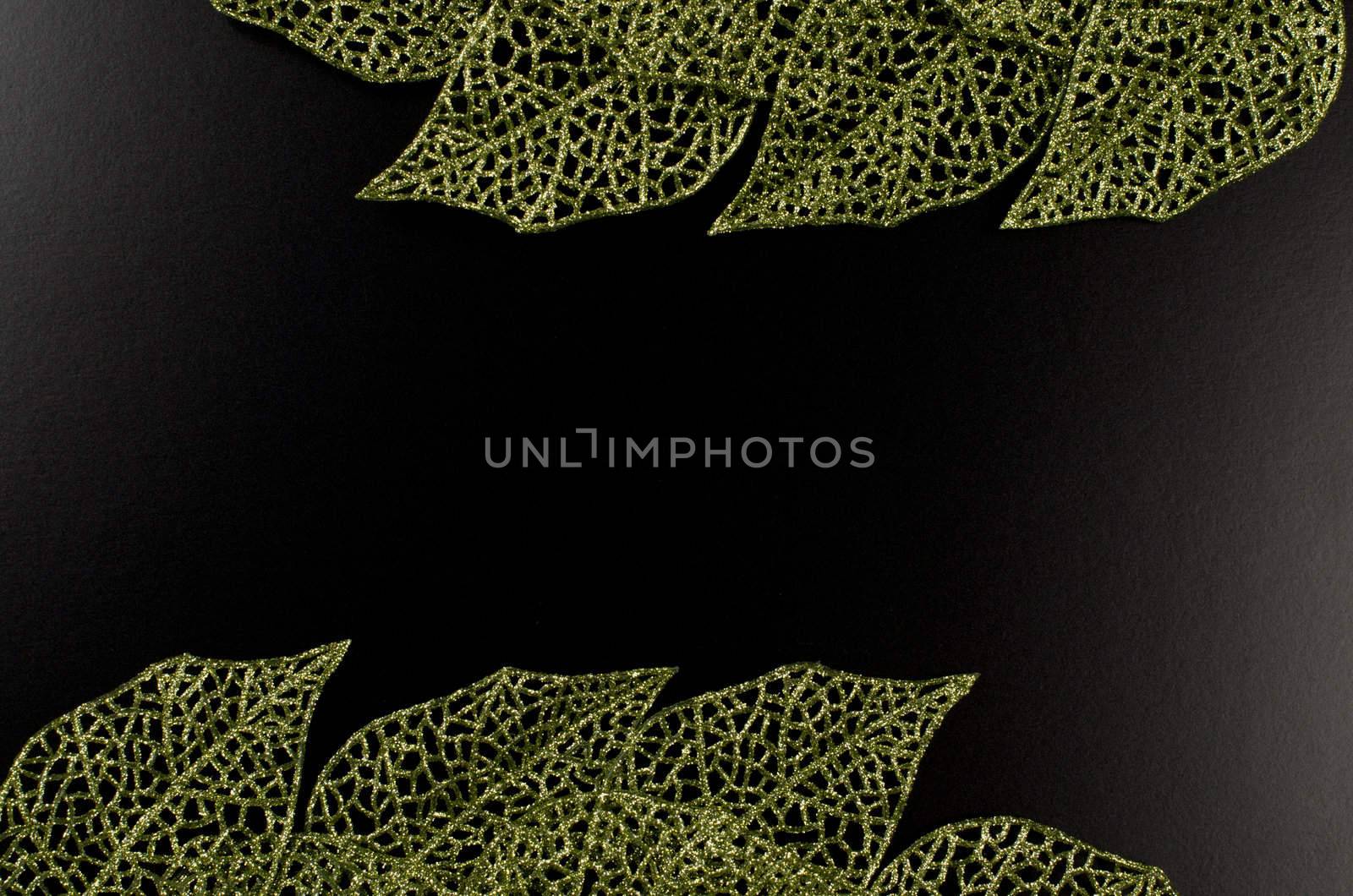Green leaf frame forming an abstract frame over black background.