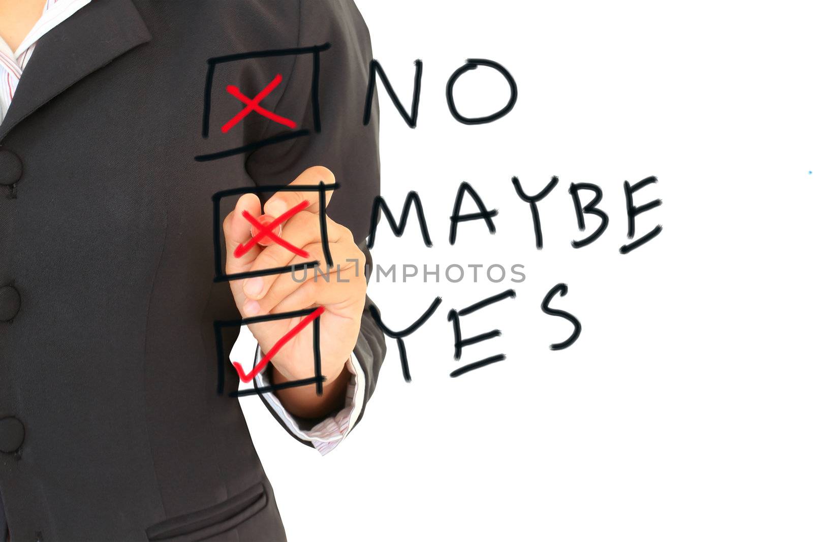 businessman drawing  from three options yes no maybe over white background