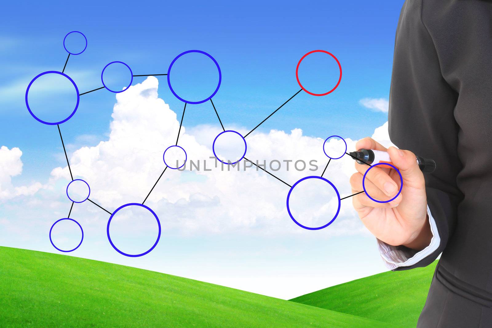 Businesswoman drawing diagram on a natural background.