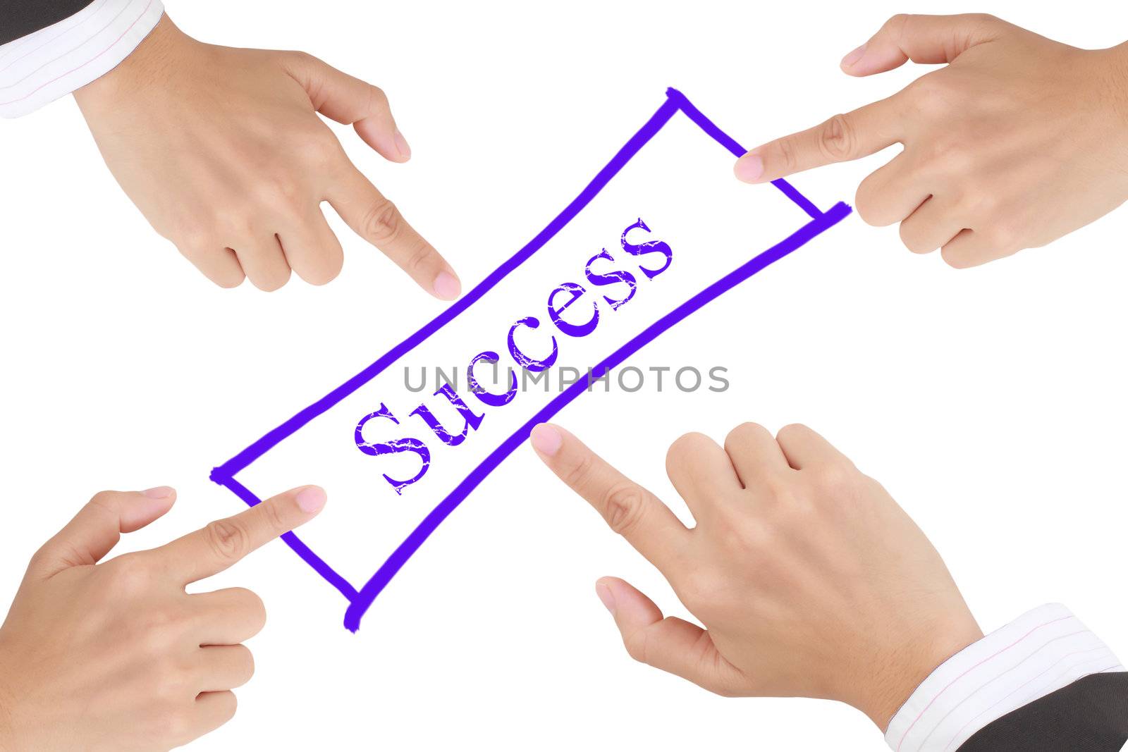 Word success   and  hand isolated on white background