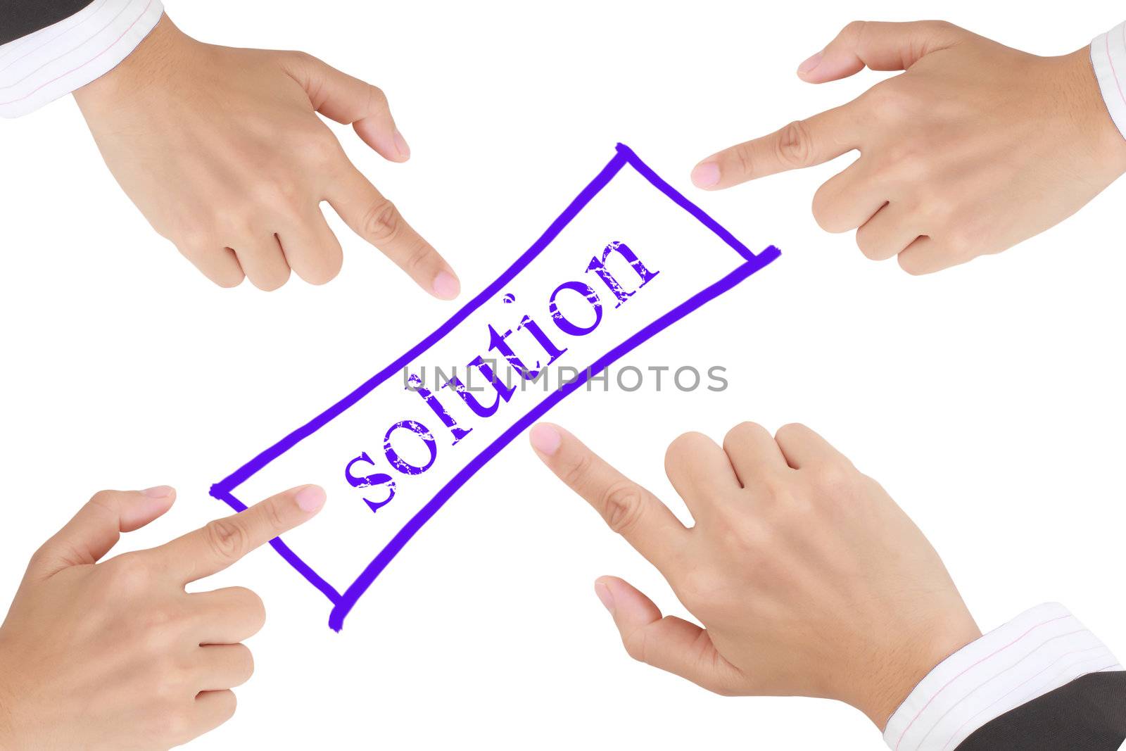 Word solution   and  hand isolated on white background