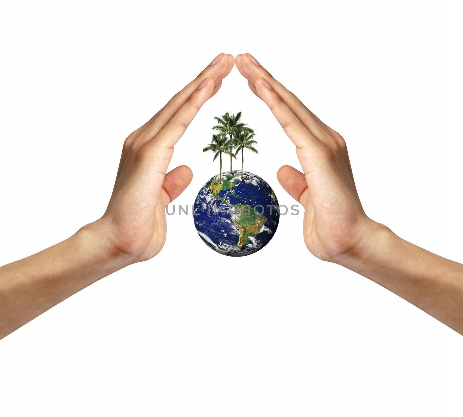 Eco concept : Earth in hands isolated on white