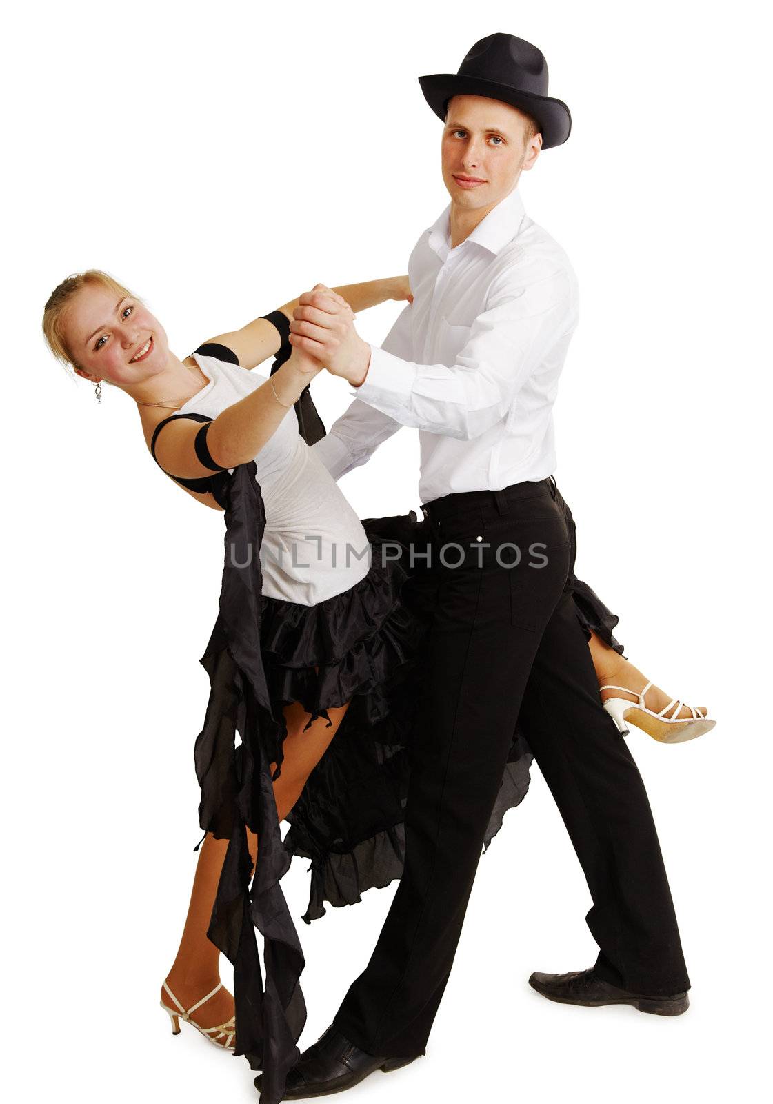 Dancing young couple isolated on white background