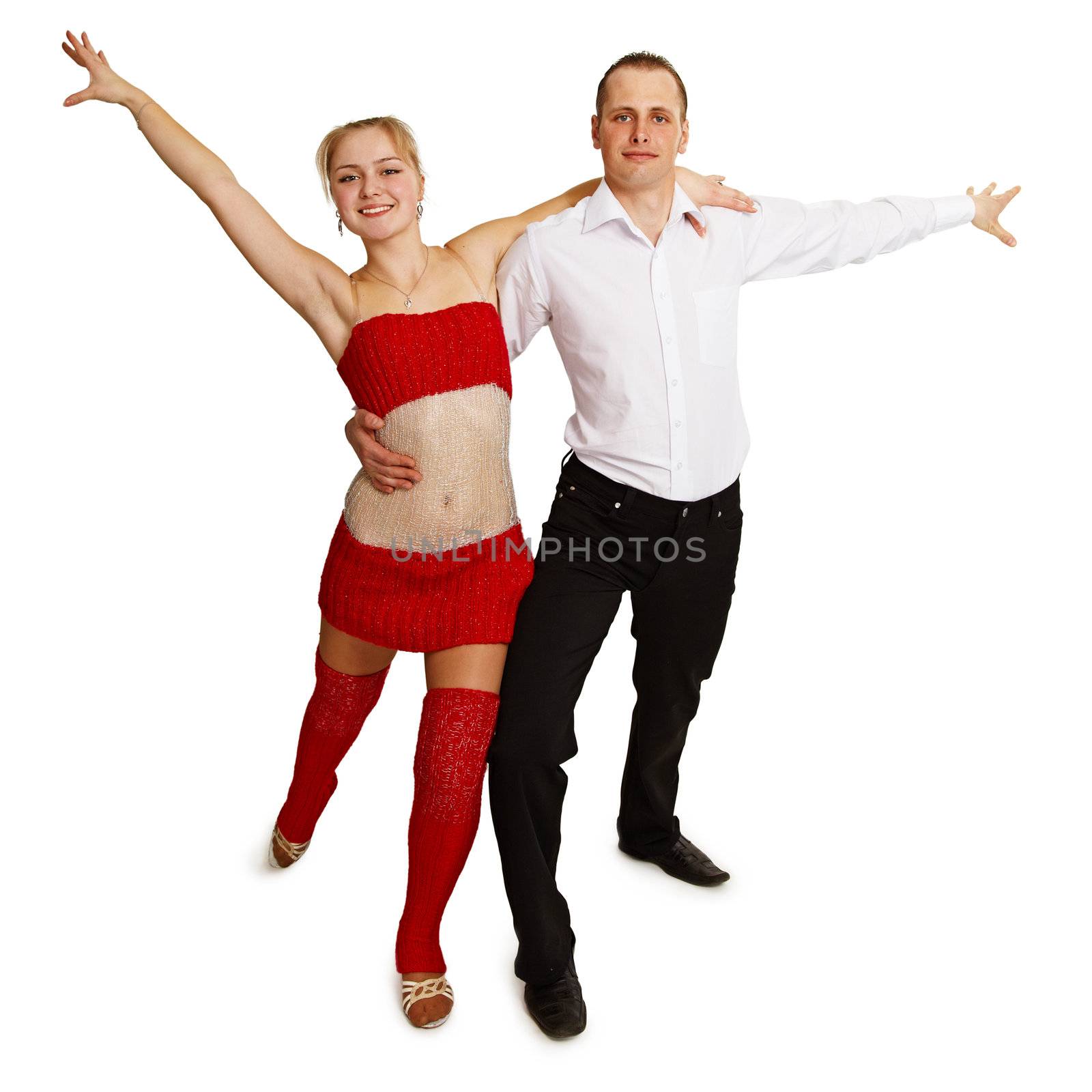 Cheerfully dancing young people isolated on white background