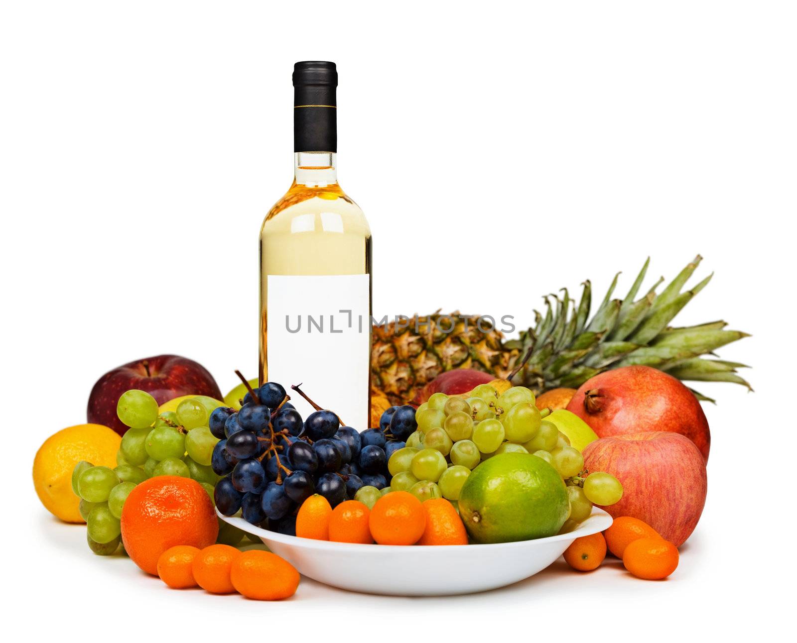 Still life - bottle of white wine among fruits on white by pzaxe