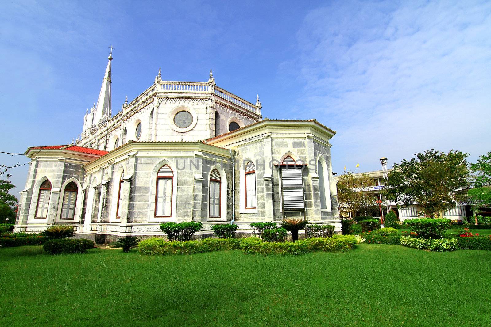 Christian church in Thailand against a backdrop of sky