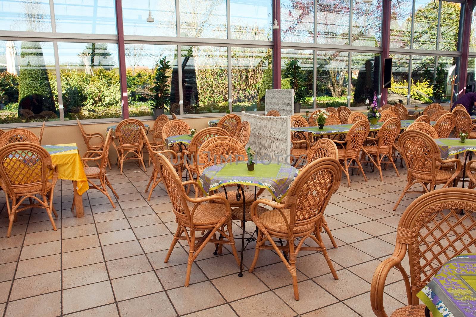 Open air beautiful summer cafeteria cafe coffee shop restaurant bistro in lovely colors