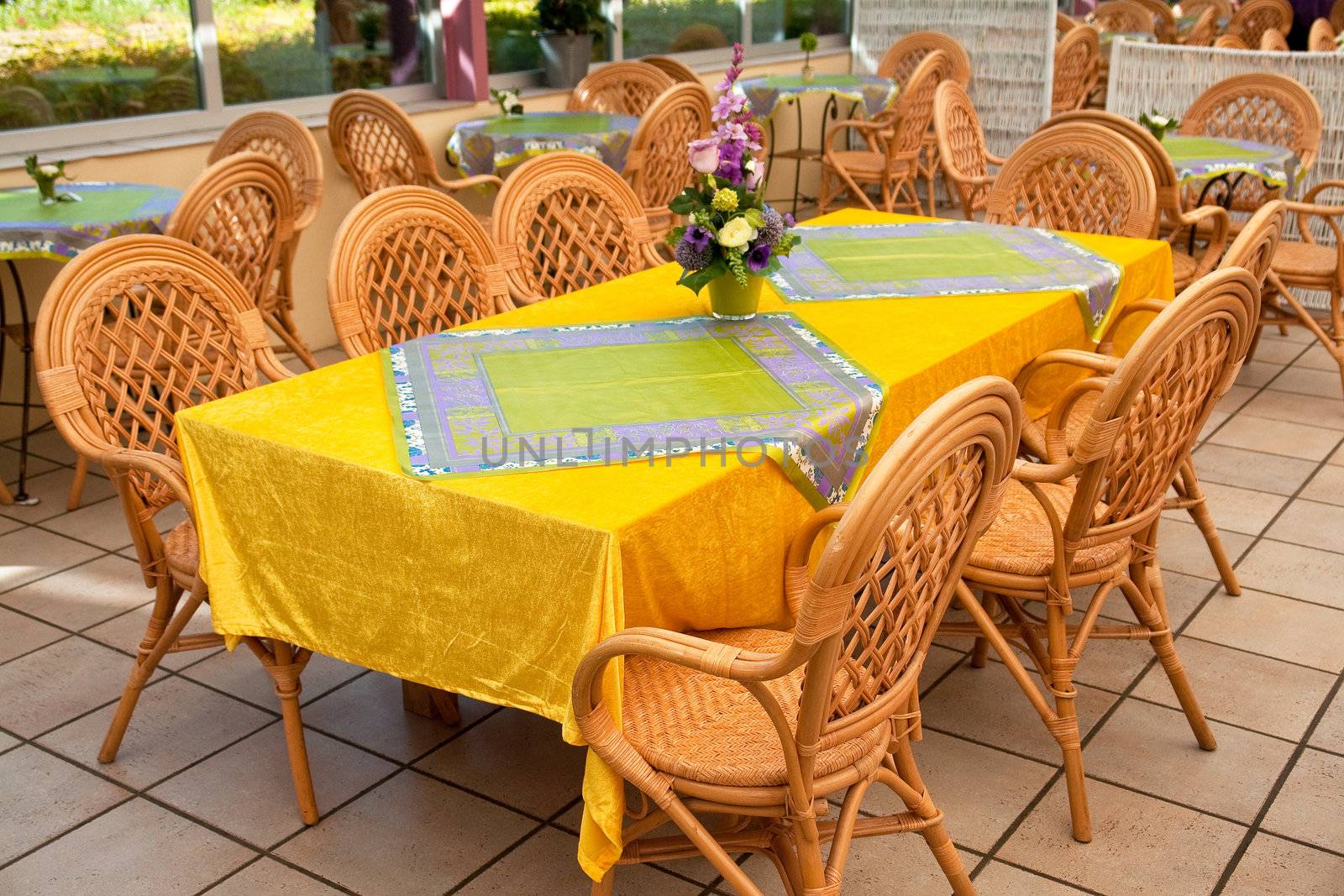 Open air beautiful summer cafeteria cafe coffee shop restaurant bistro in lovely colors