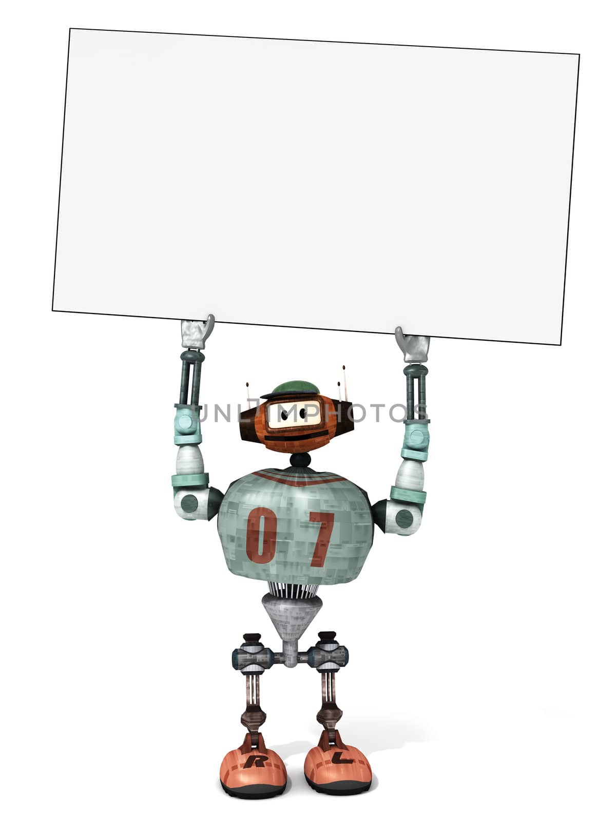 Djoby the robot holding an empty poster above its head with a white background