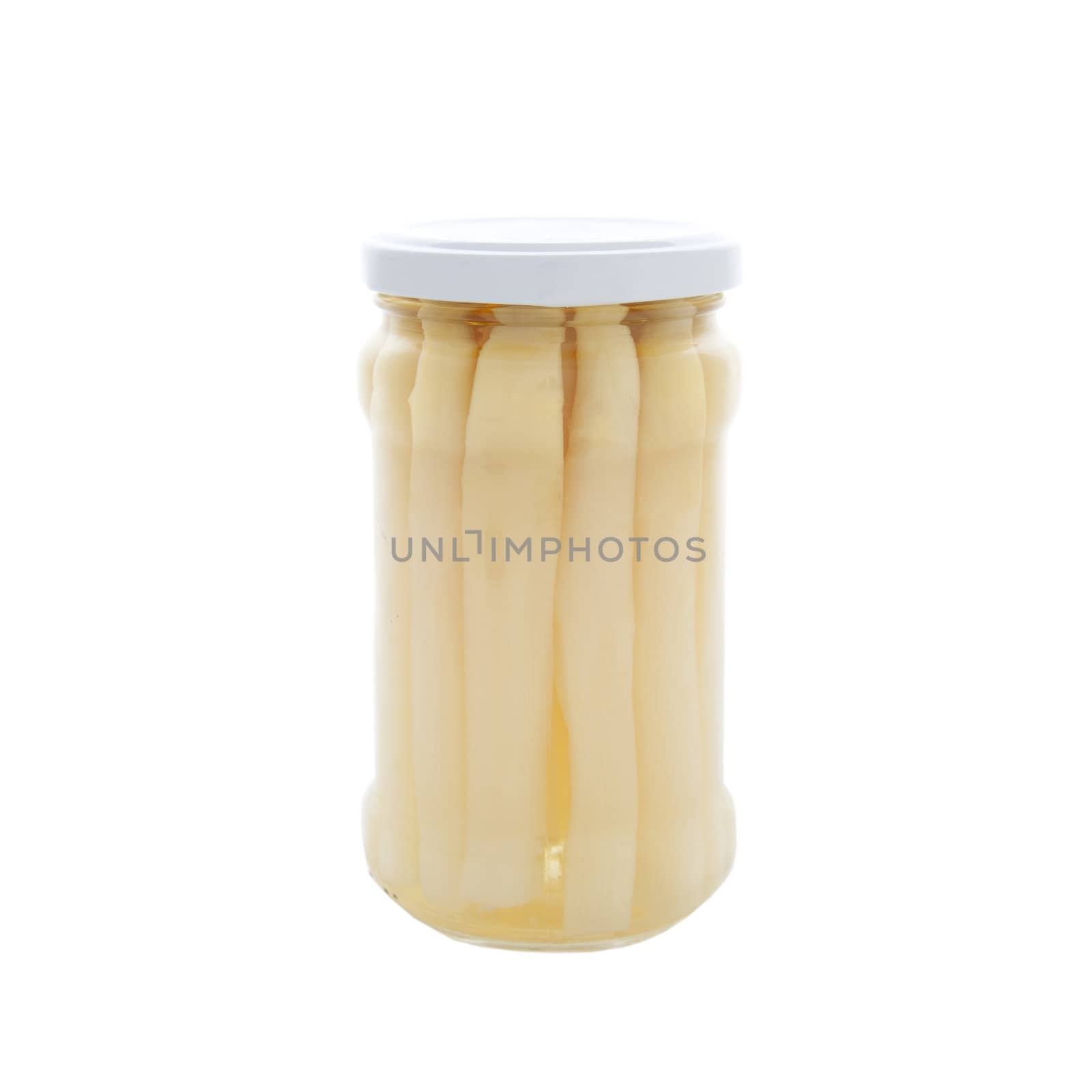 Jar of white asparagus isolated on white background