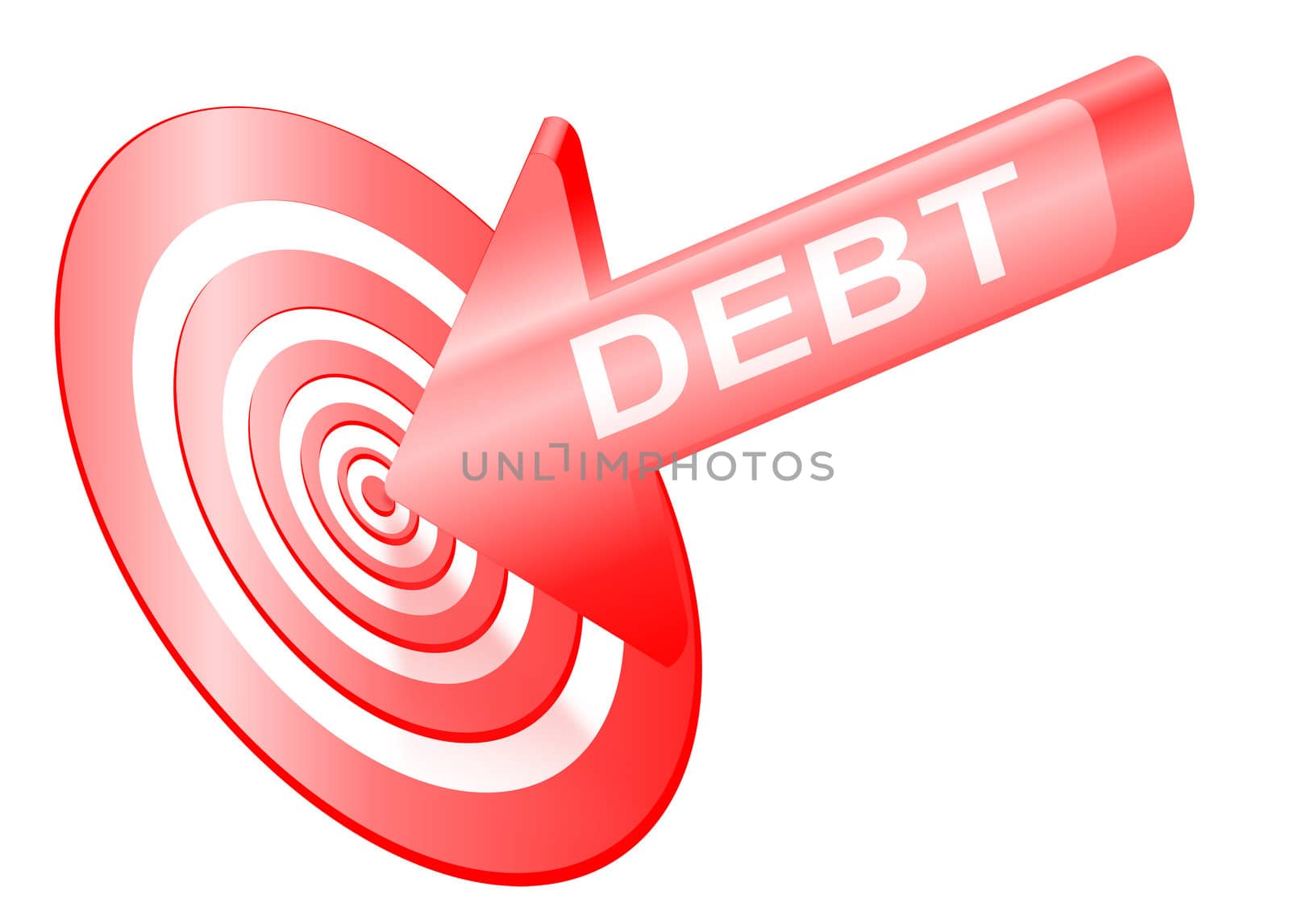 Illustrated debt concept depicting a red arrow with the word 'debt' hitting the bulls eye of a target board.