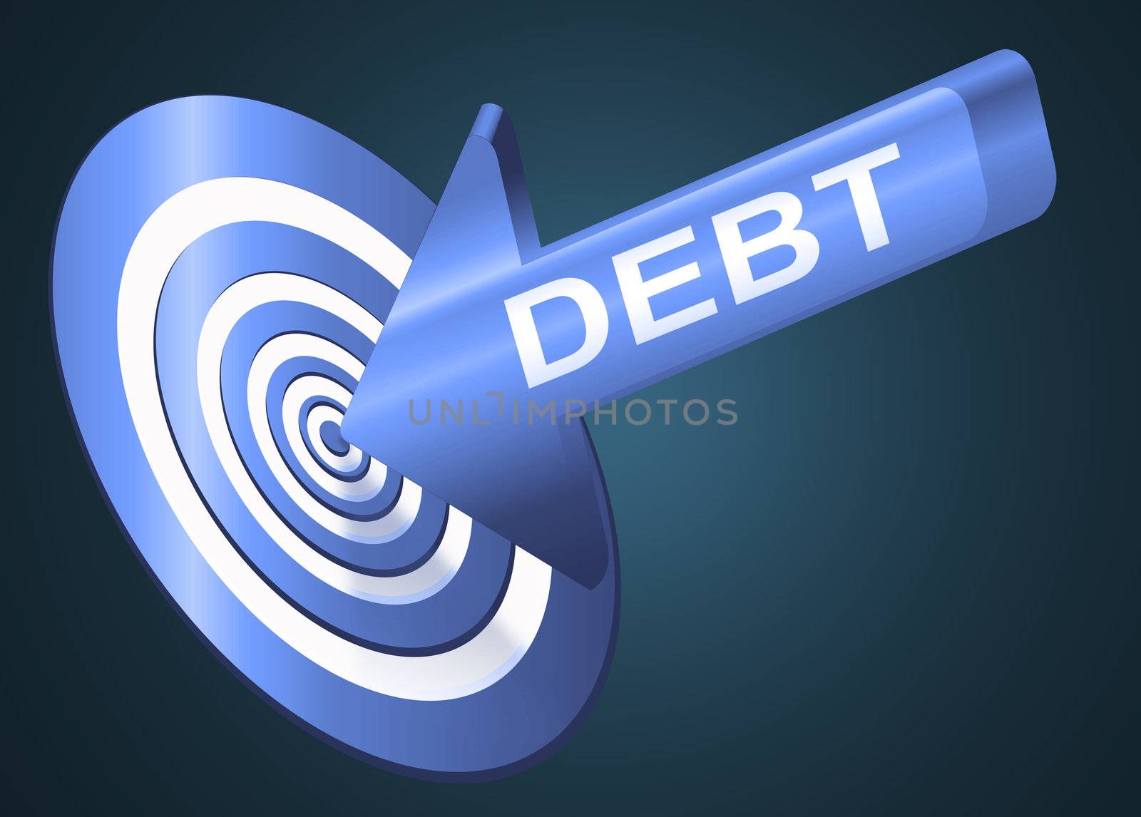 Illustrated debt concept depicting a red arrow with the word 'debt' hitting the bulls eye of a target board.