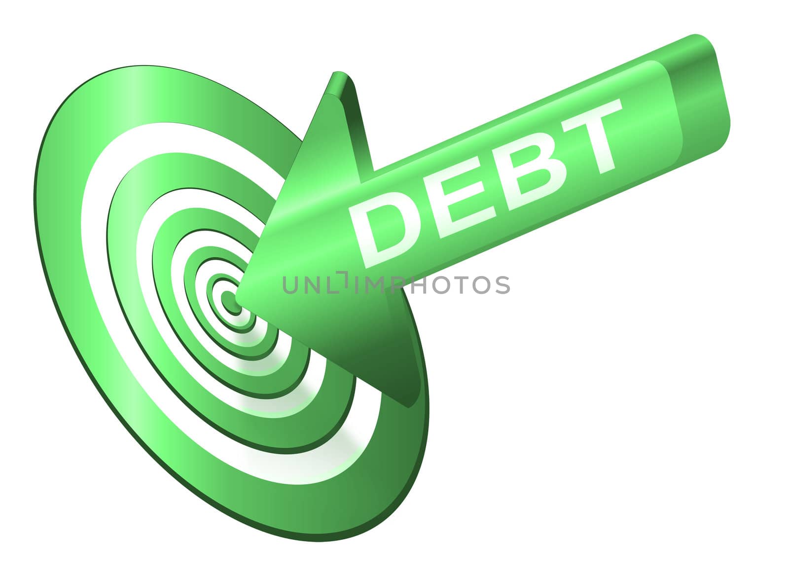 Illustrated debt concept depicting a red arrow with the word 'debt' hitting the bulls eye of a target board.