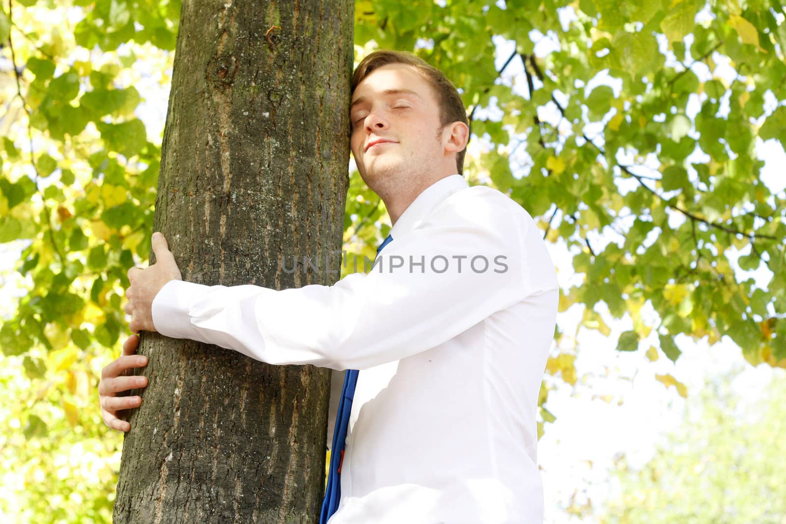 Businessman hugging tree