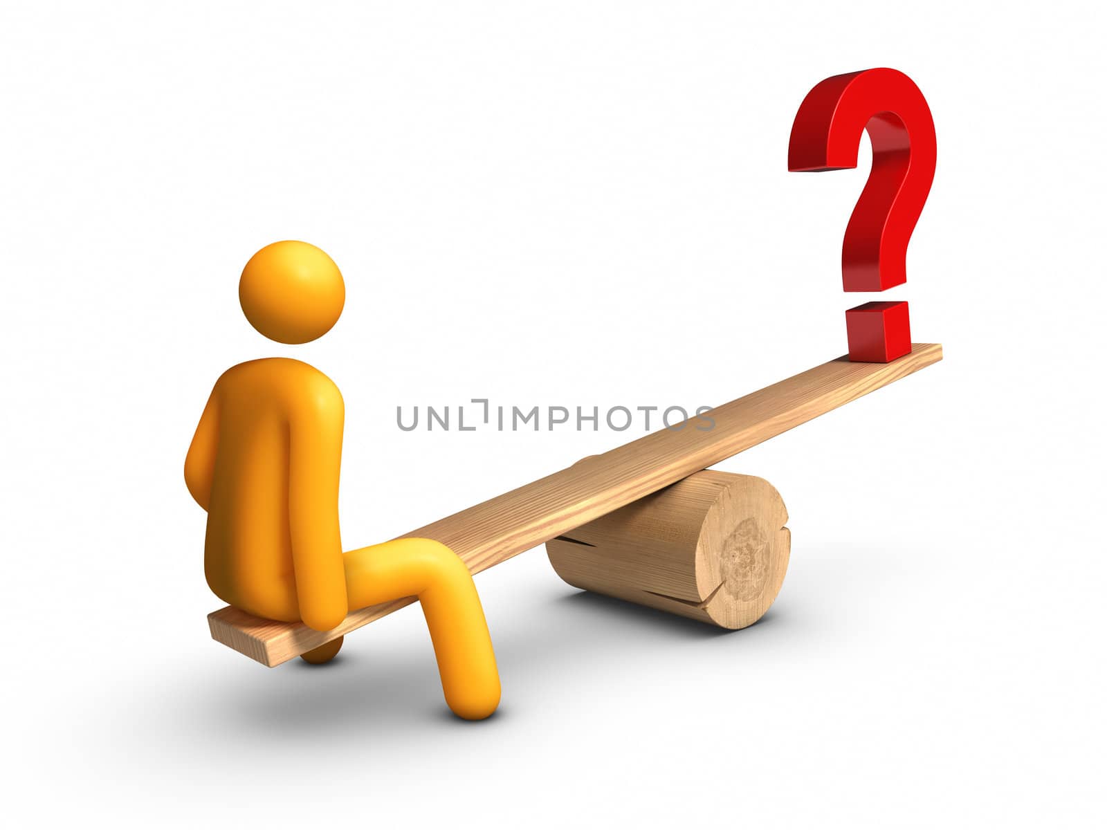 Stick figure sitting on seesaw with Question Mark