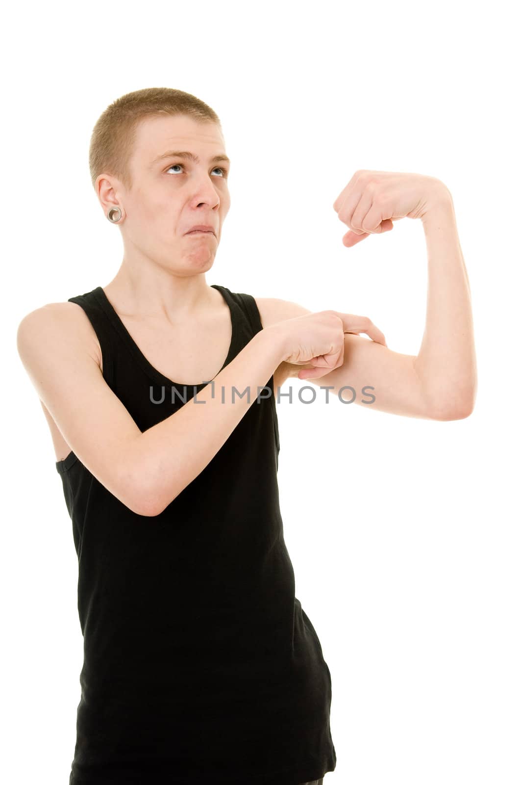 funny skinny teen shows biceps isolated on white background