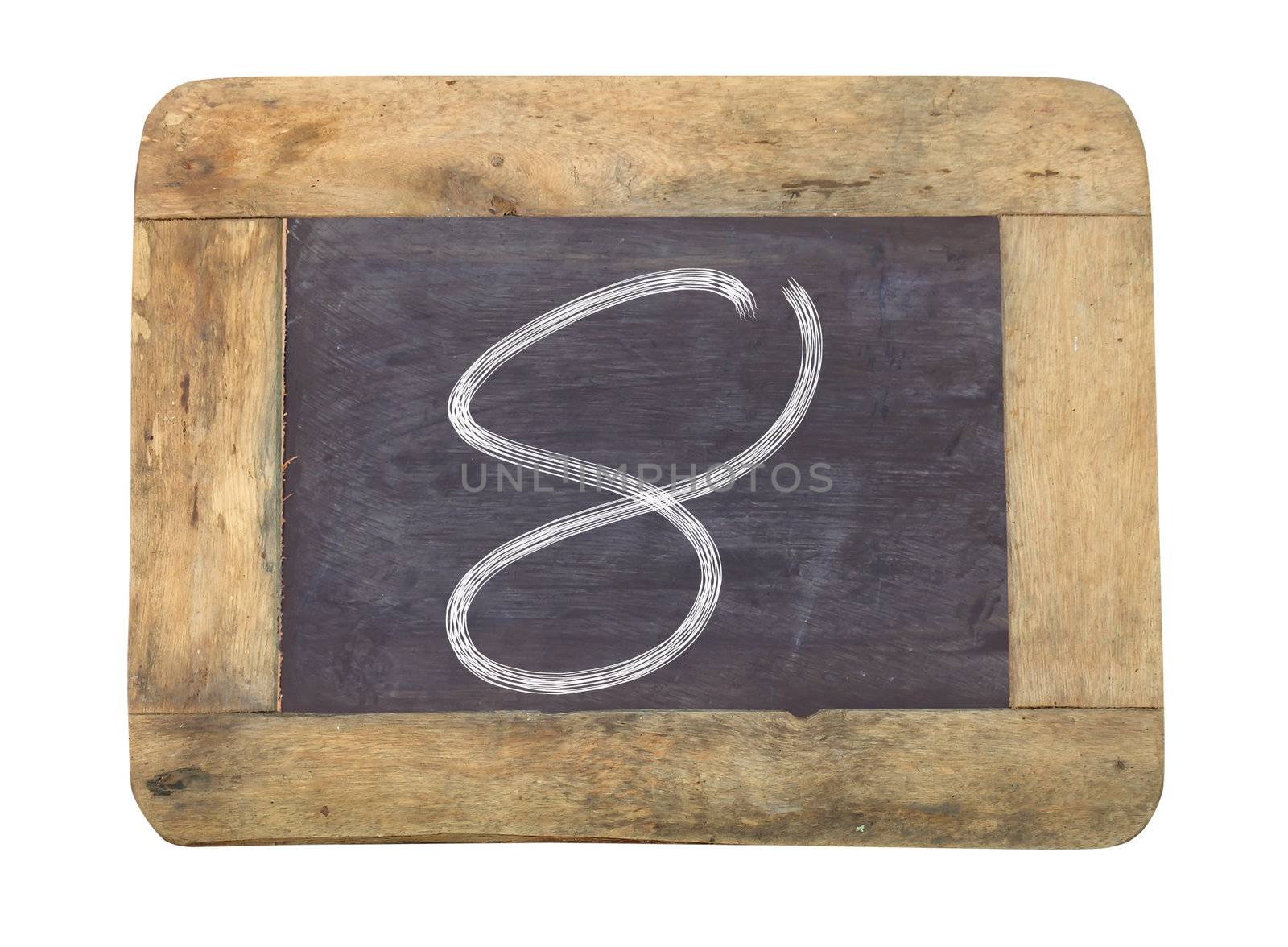 The number "8" written with white   on a blackboard   by rufous