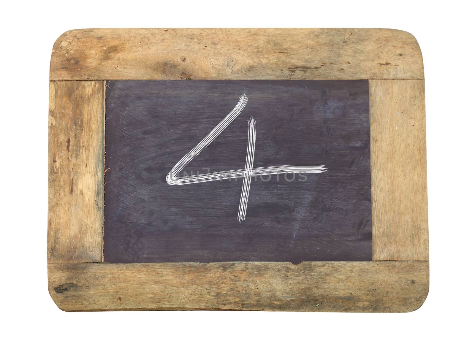 The number "4" written with white   on a blackboard   by rufous