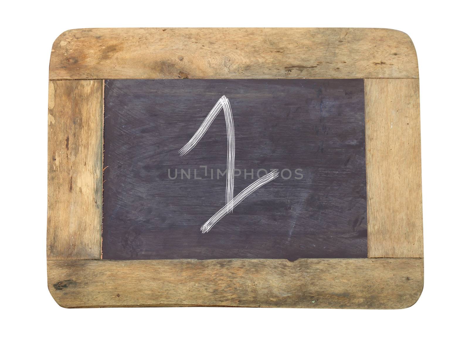 The number "1" written with white   on a blackboard   by rufous