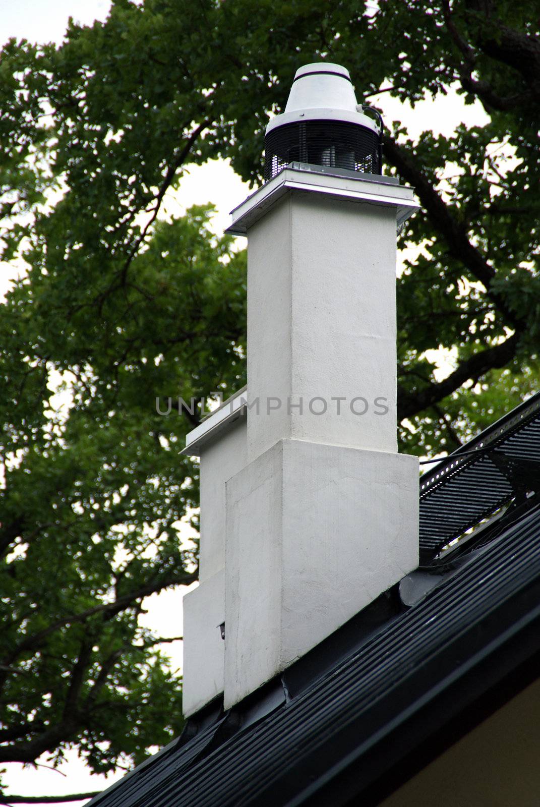 White chimney is located on a background of green tree