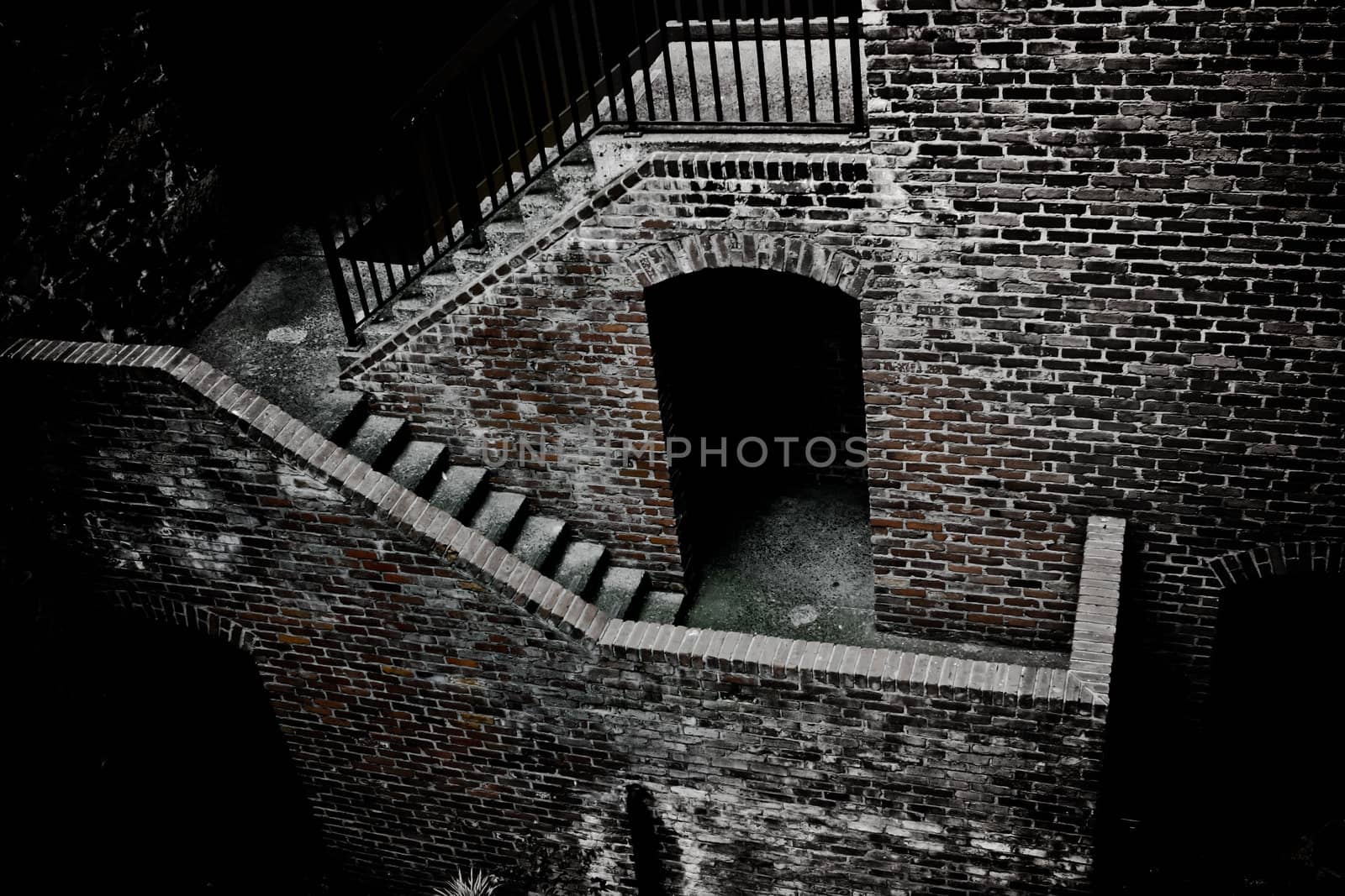 an old brick house with stairs, view from above
