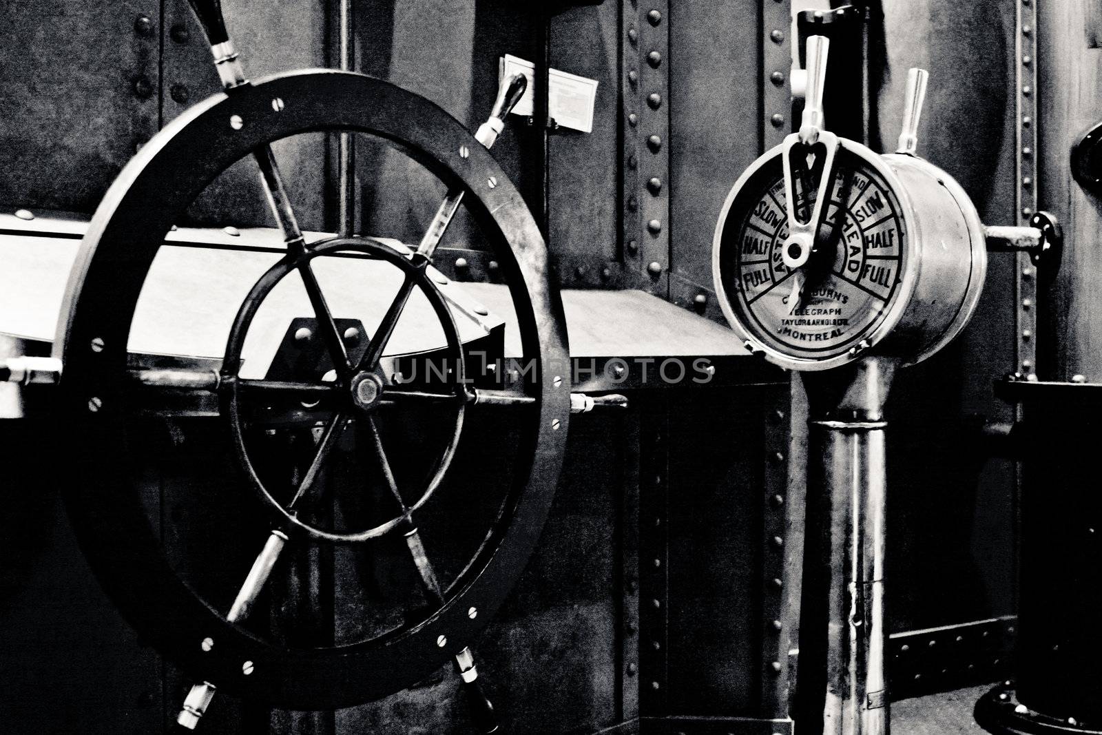 black and white photo of a submarine interior