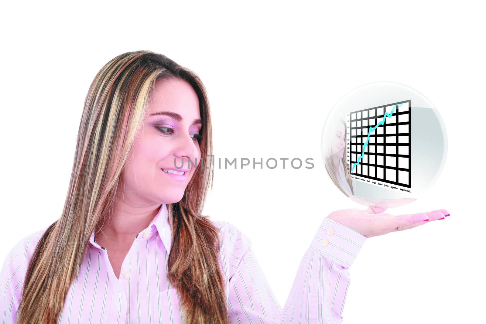 Businesswoman hand holding a sphere of a growing chart isolated
