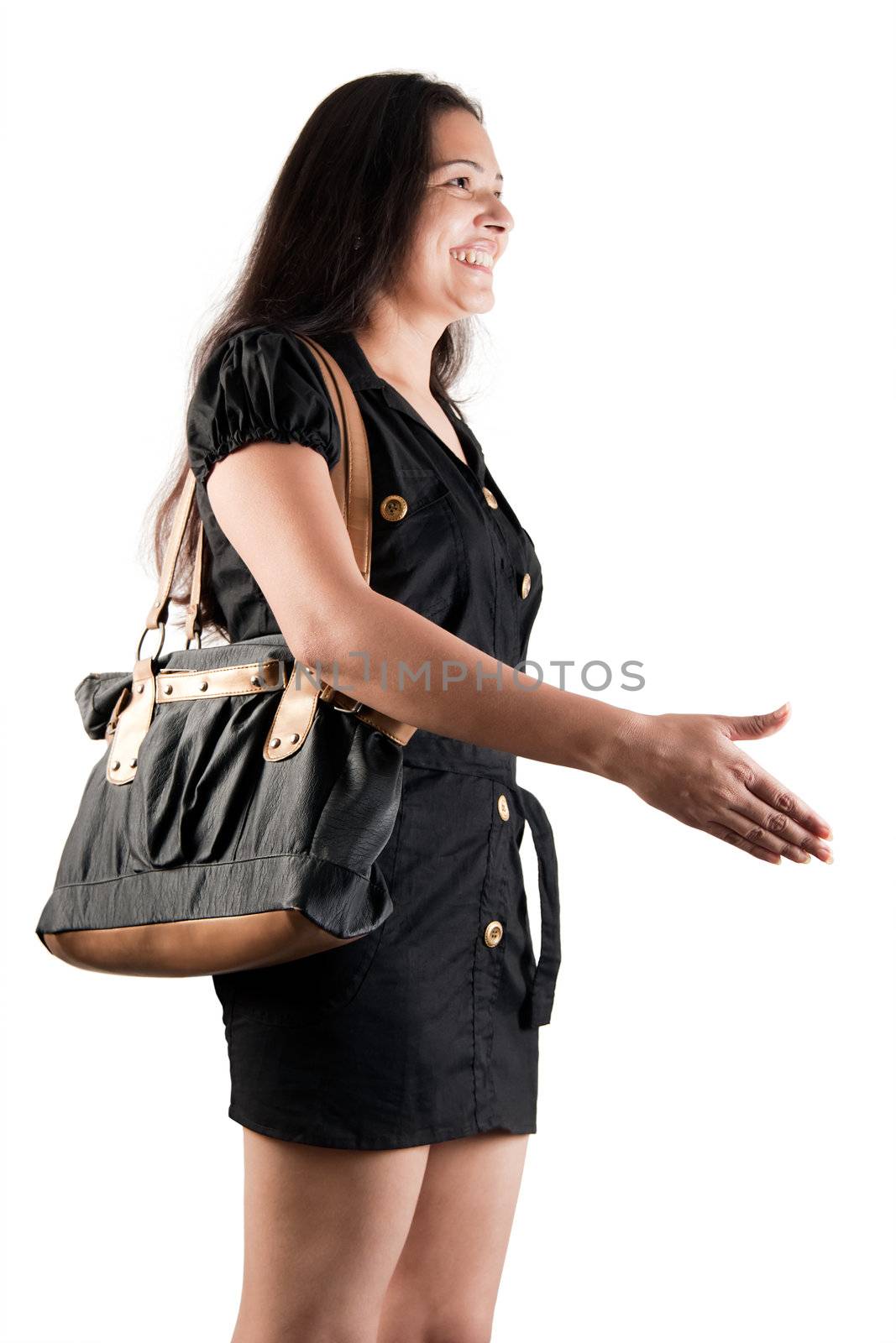 Indian Fashion model with purse isolated on light background