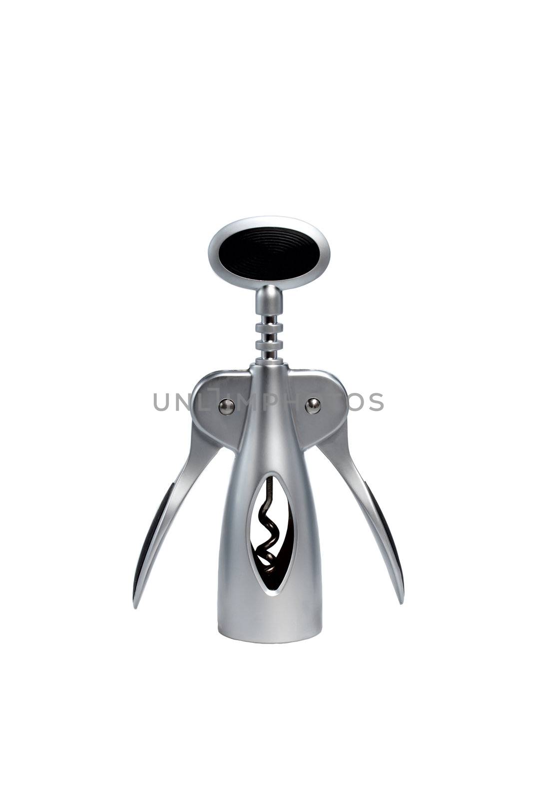 a metal corkscrew on the white background