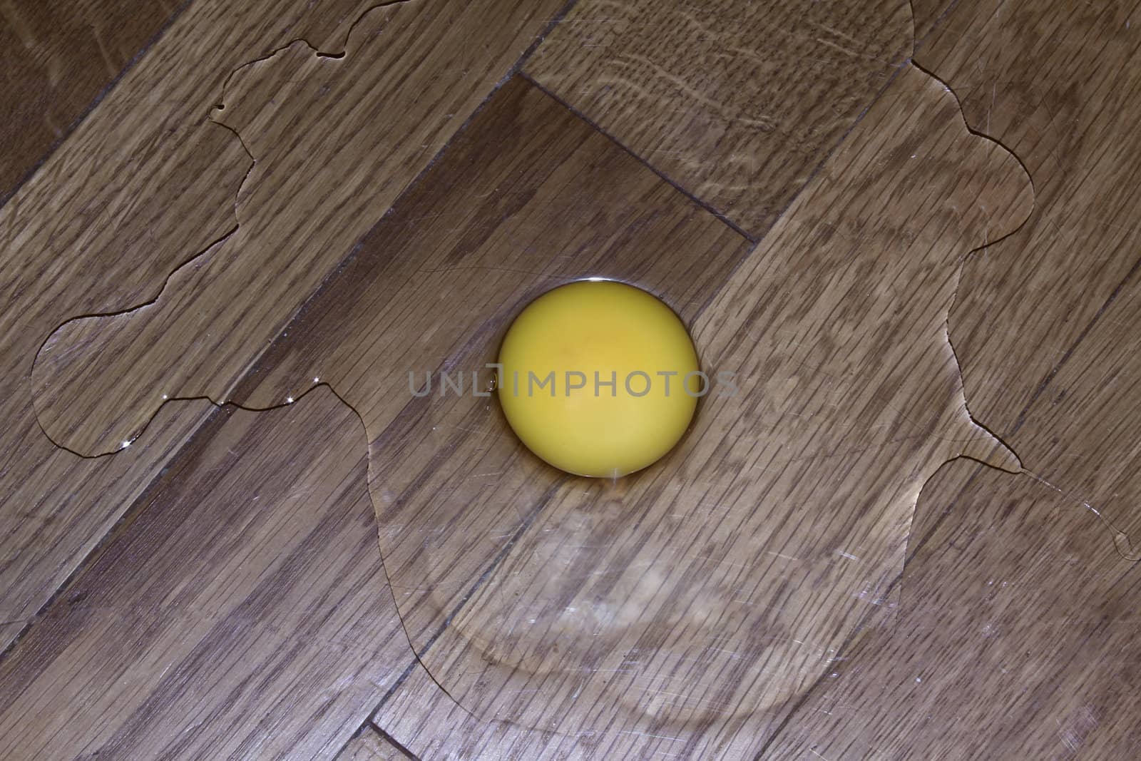 an egg and yolk on the brown parquet
