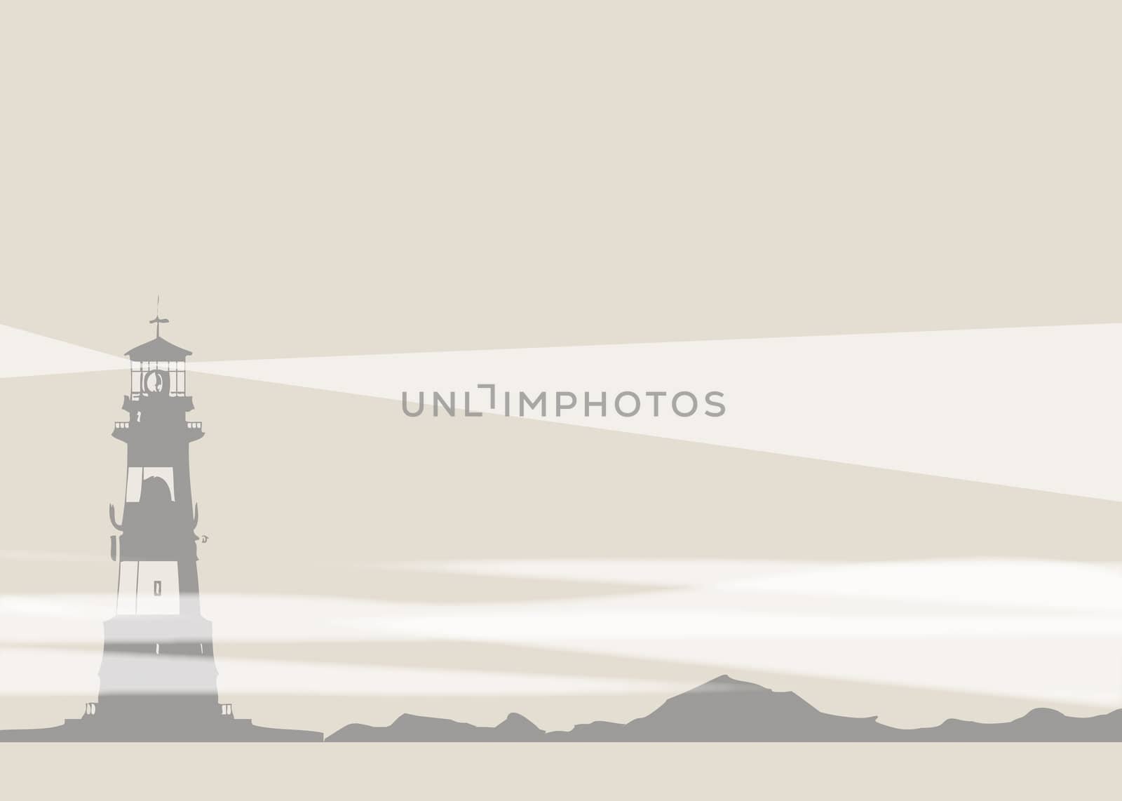 An illustration of a lighthouse and rocks set on a landscape format. Beams of light shine from the lighthouse, with folds of mist at the base.