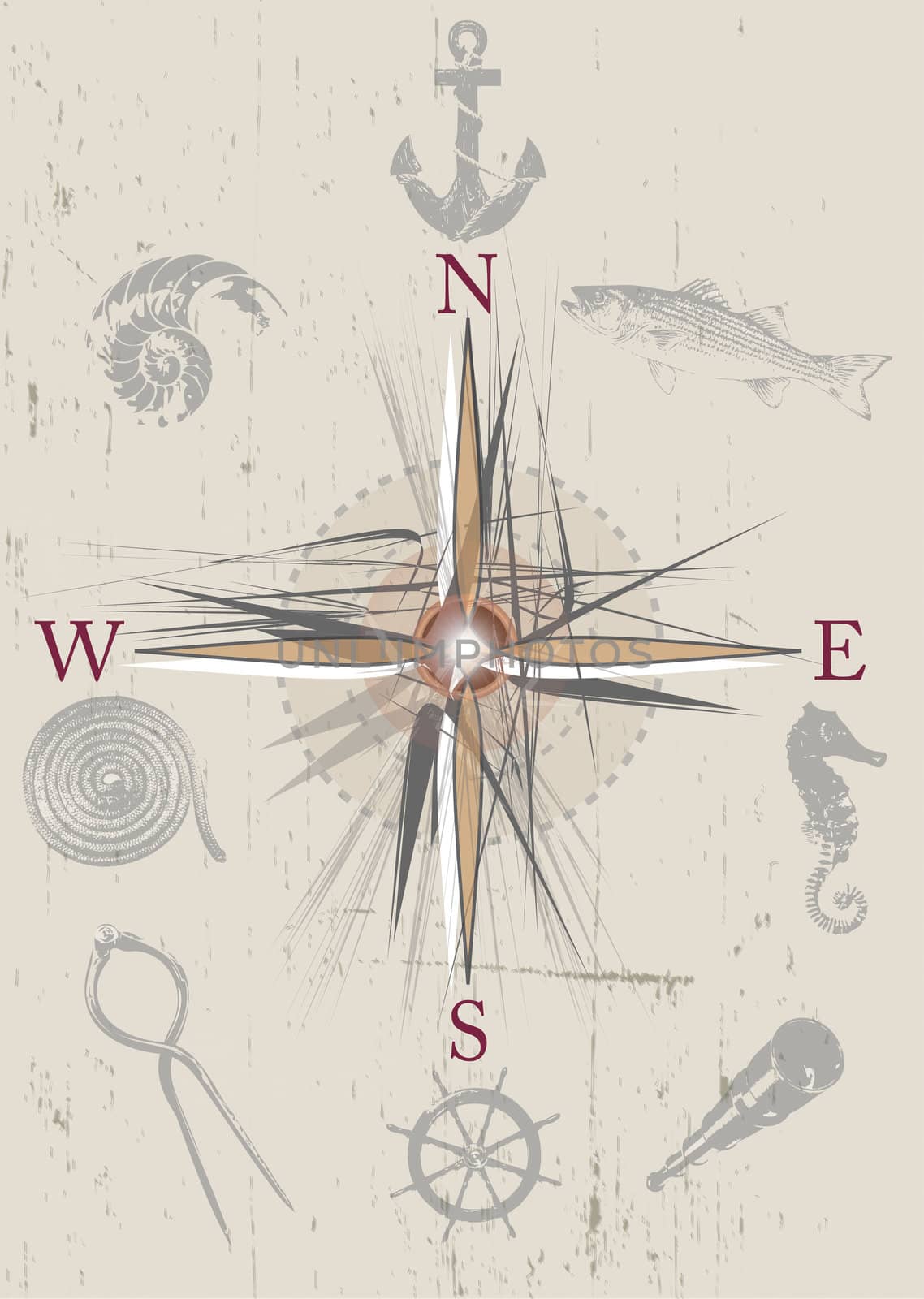 An illustration of a nautical compass with old retro style inset illustrations with a nautical or sea theme. Set on a grunge style background on a portrait format.
