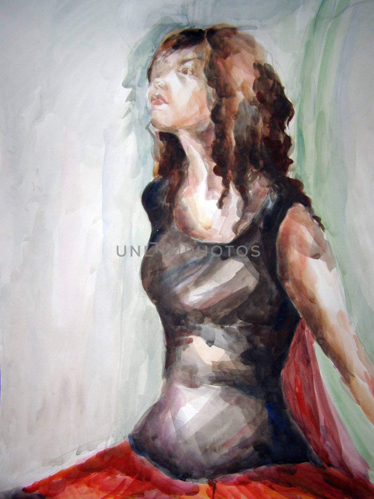 watercolor drawing of the woman on red background