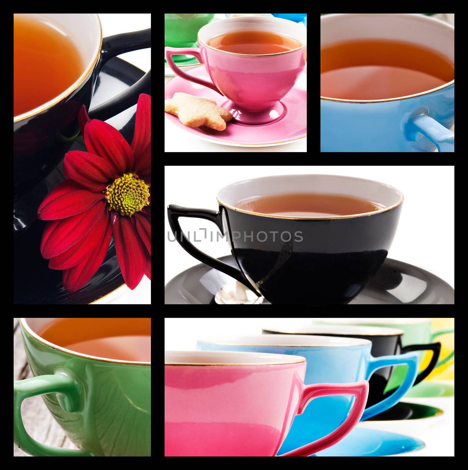 Collage of teacups in different colors on white background