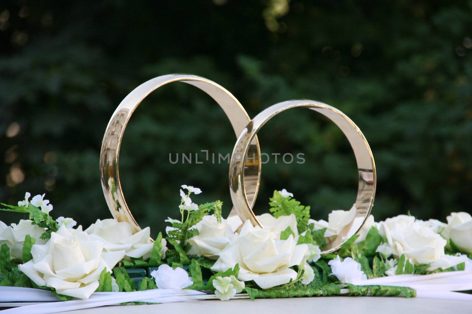 Rings gold flowers rose white green dim background