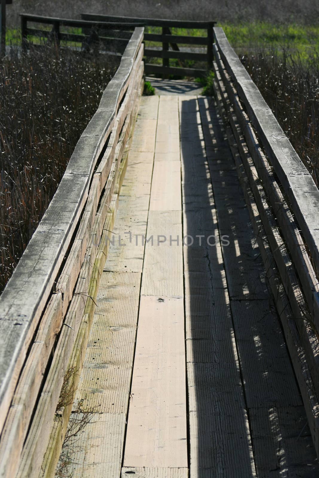 Old wood bridge built over small river.
