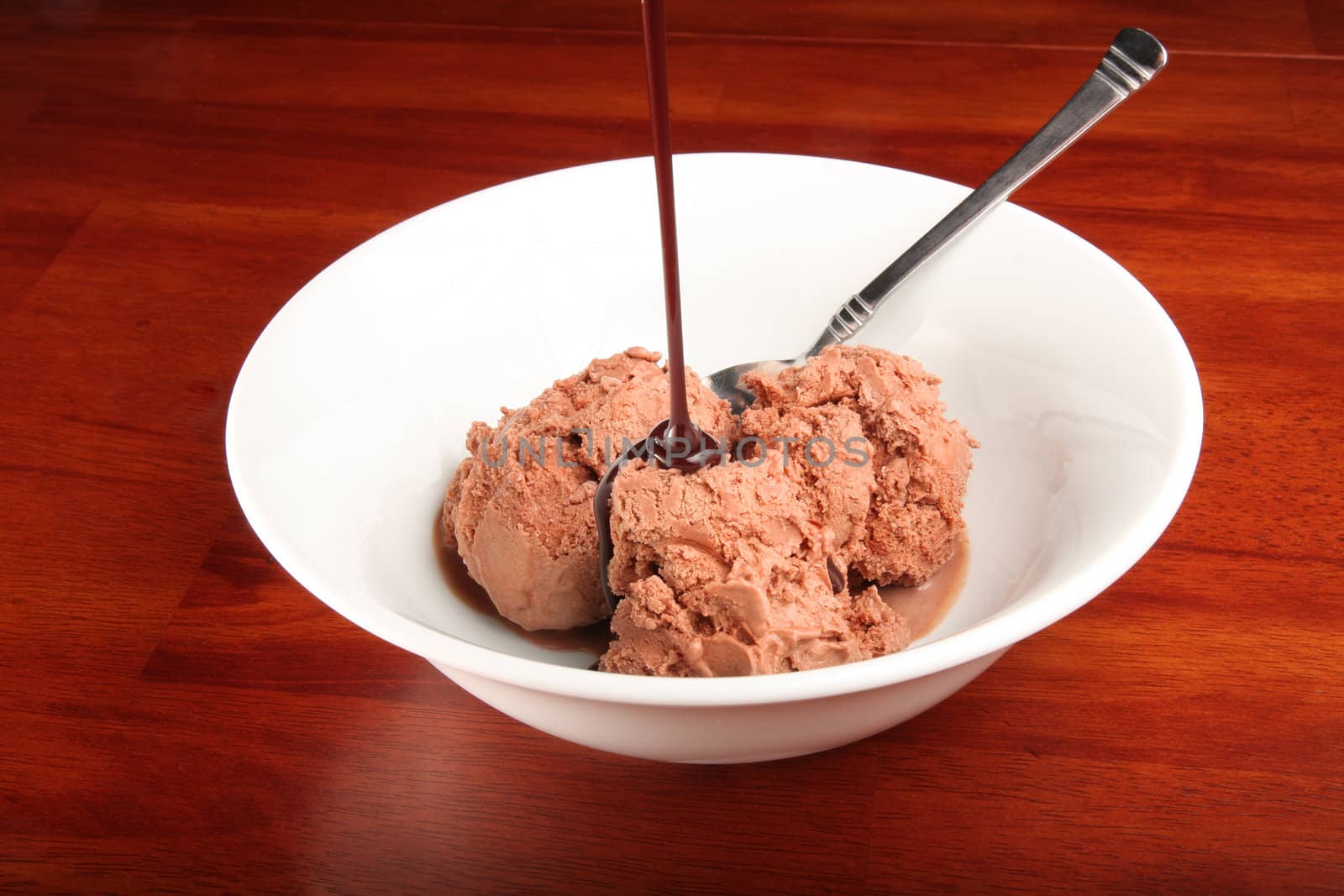 Delicious bowl of chocolate ice cream with chocolate sauce