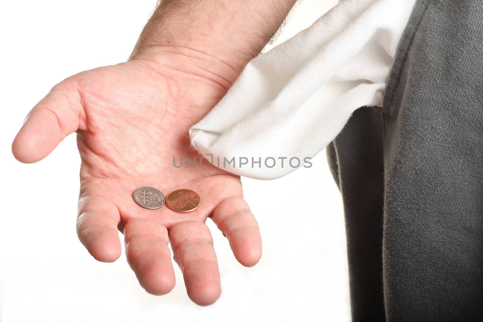 Man with coins in palm and empty pocket by svanblar