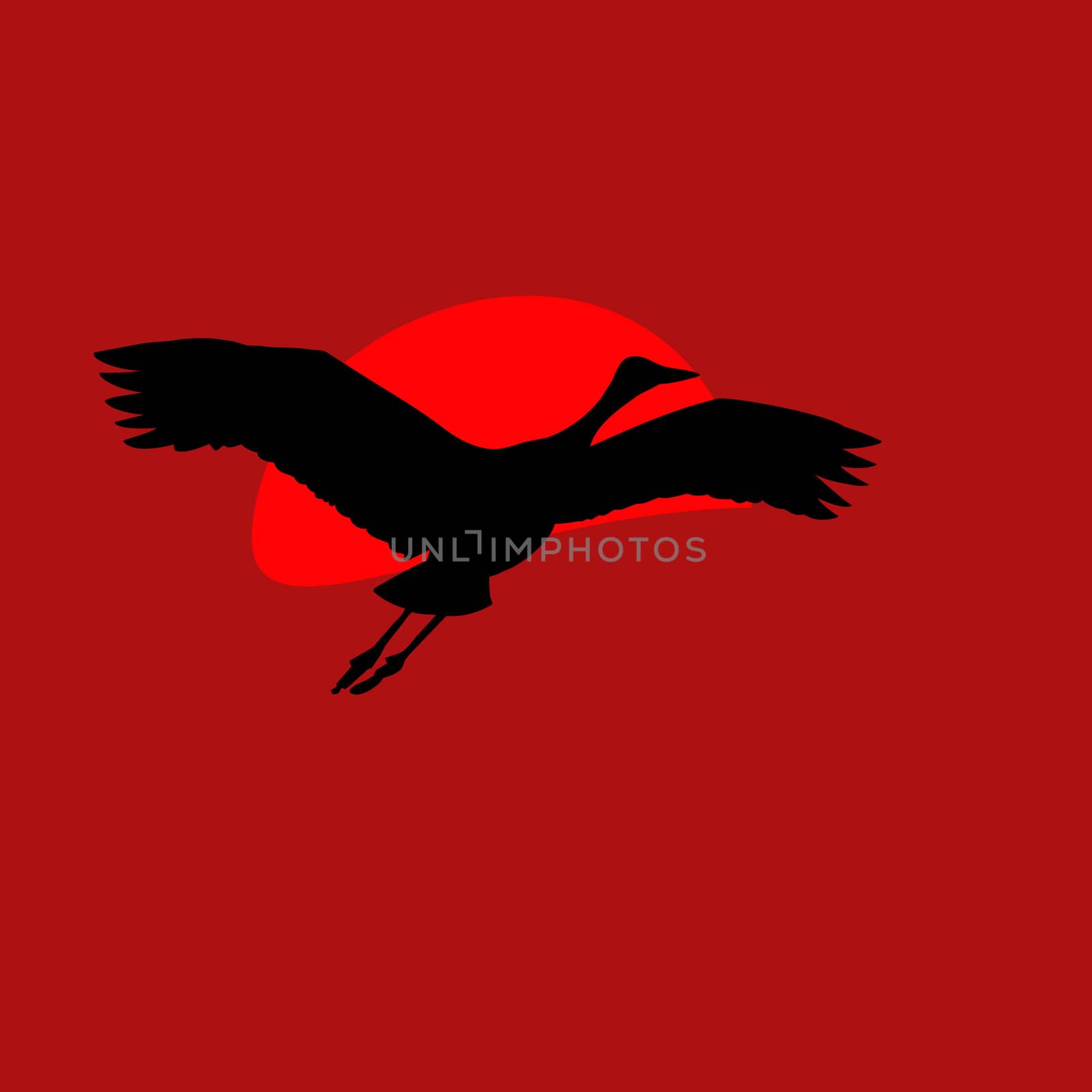illustration of the crane on background red sun