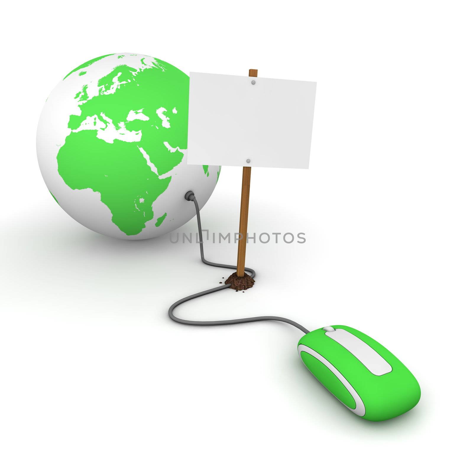 green computer mouse is connected to a green globe - surfing and browsing is blocked by a white rectangular sign that cuts the cable - empty template