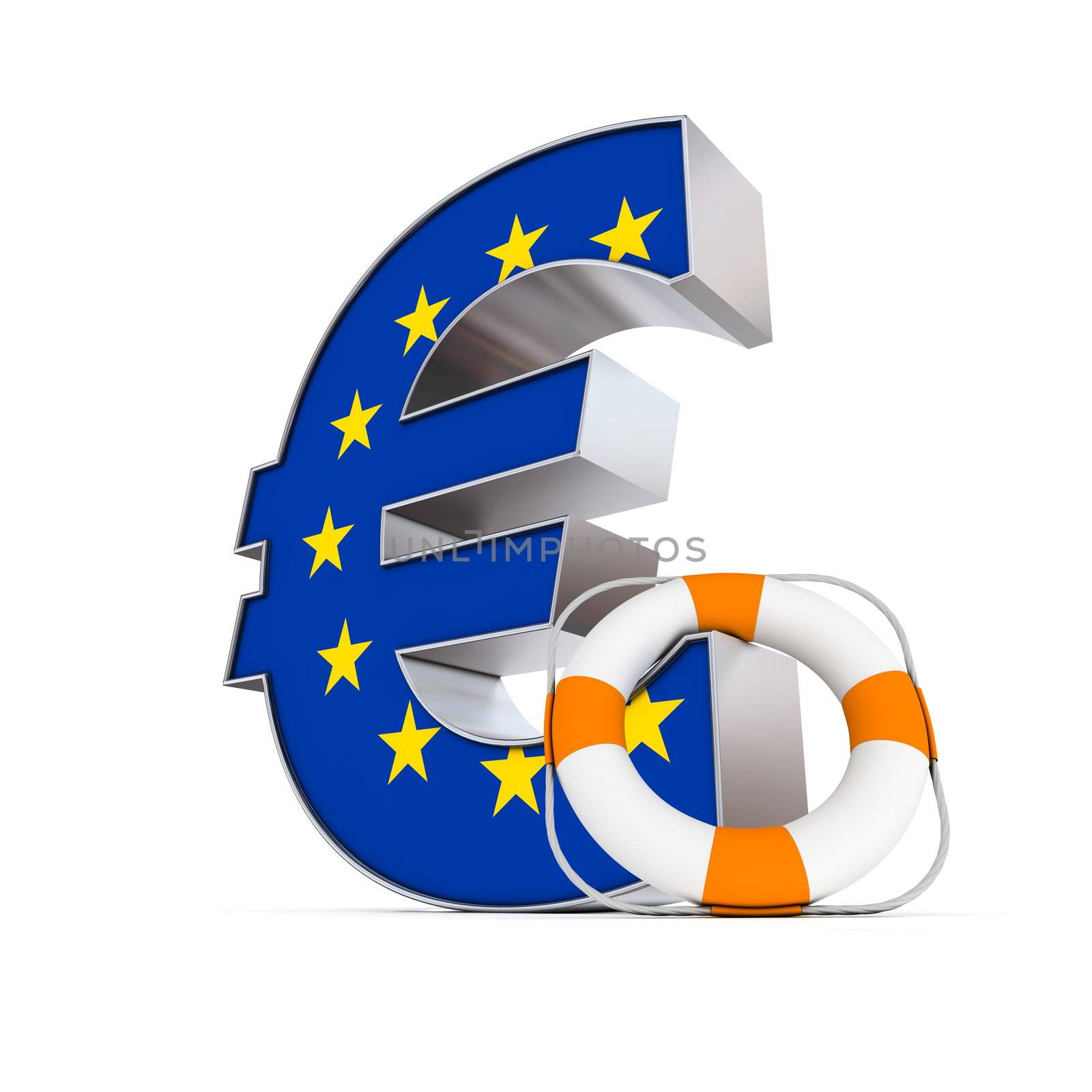 white and orange lifebelt leans on a shiny metallic Euro currency symbol - symbol front is textured with the flag of the European Union