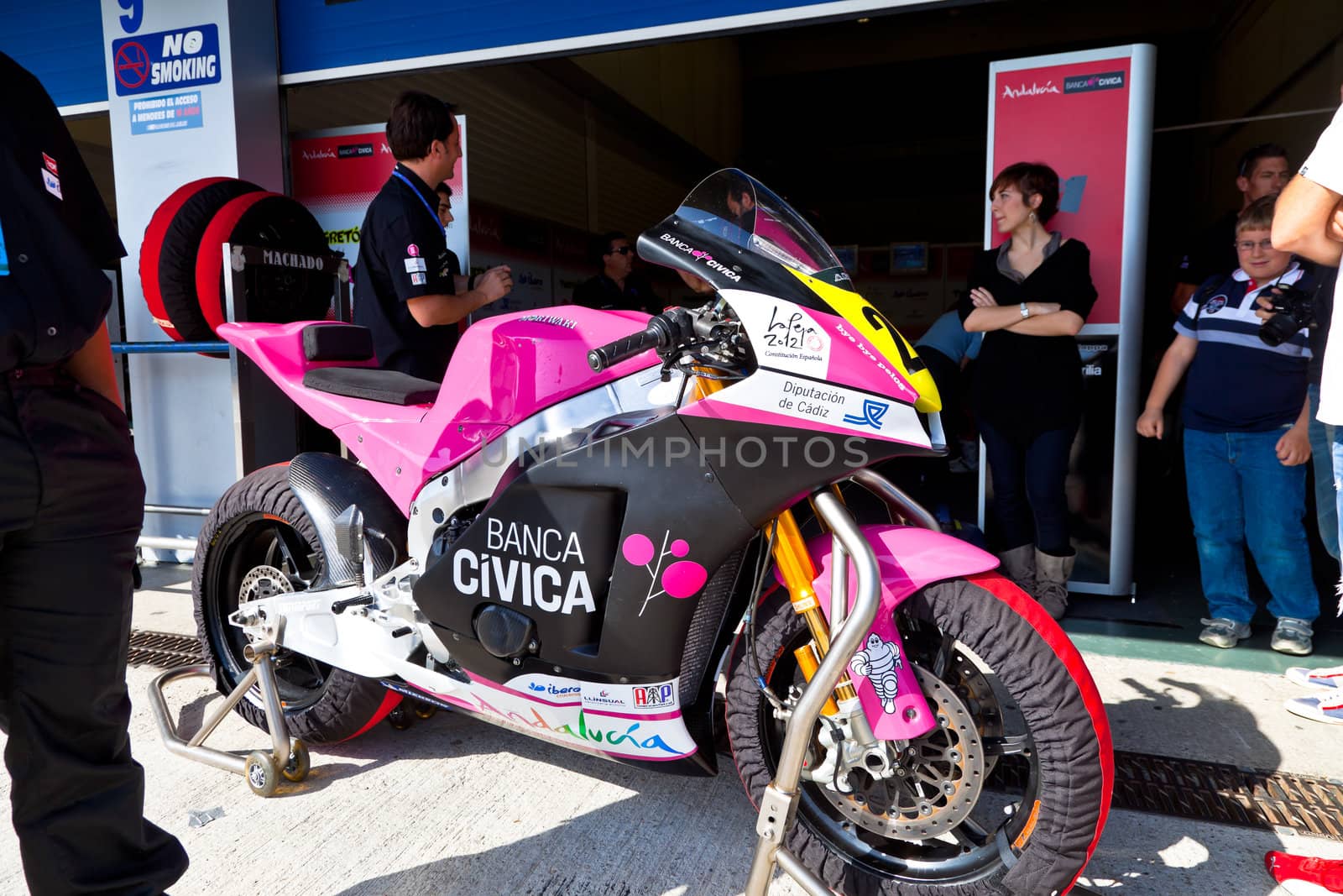 JEREZ DE LA FRONTERA, SPAIN - APR 17: Moto2 Motorcycle of Ivan Moreno waiting in the pitlane in the CEV Championship on April 17, 2011, in Jerez de la Frontera