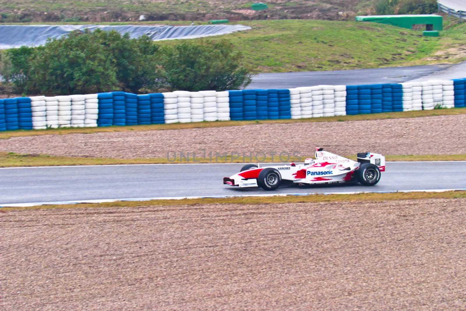 JEREZ DE LA FRONTERA, SPAIN - DEC 04: Jarno Trulli of Toyota F1 races during a training session on December 04, 2004, in Jerez de la Frontera, Spain