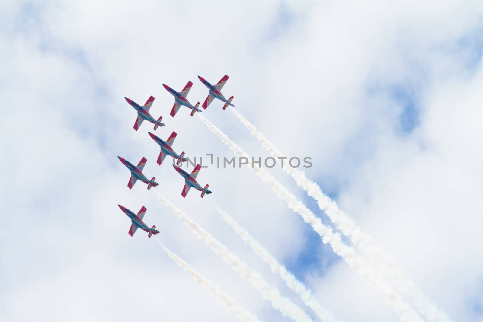 MALAGA, SPAIN-MAY 28: Aircrafts of the Patrulla Aguila taking part in an exhibition on the day of the spanish army forces on May 28, 2011, in Malaga, Spain