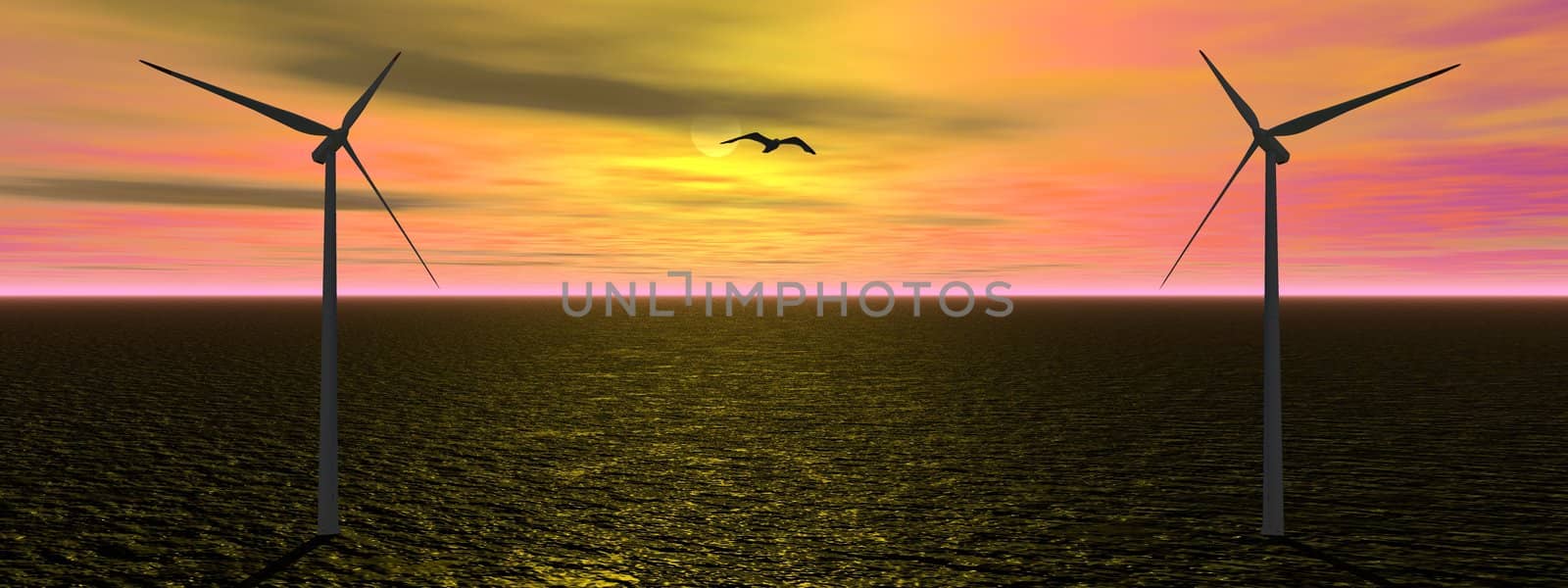 wind turbine ans sky pink and yellow